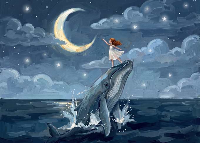 Girl Riding Whale Under Crescent Moon