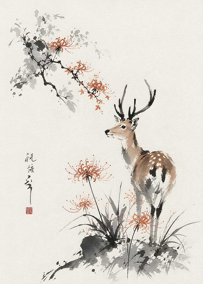 Sika Deer and Red Spider Lilies