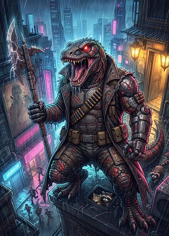 Cyberpunk Dinosaur Warrior in Rain