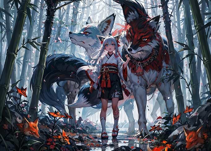 Anime Girl with Mystical Fox Guardians