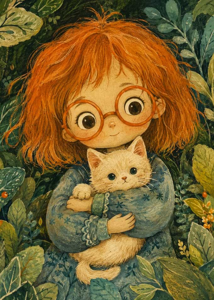 The Woodland Girl and Her Little Cat – Whimsical Vintage Storybook Art