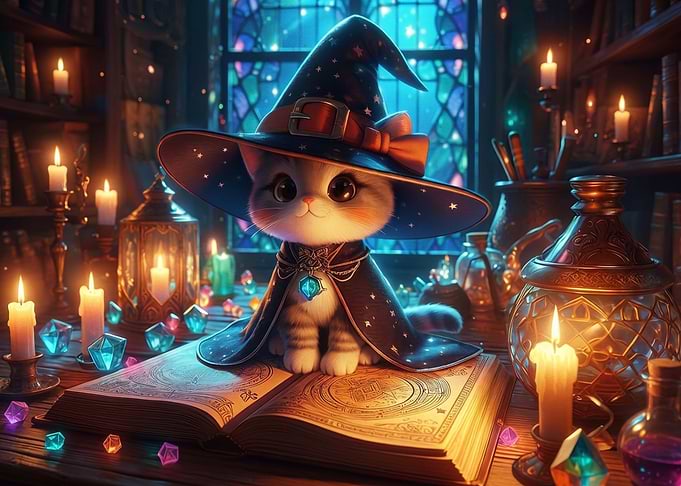 Cute Wizard Kitten on Magic Book