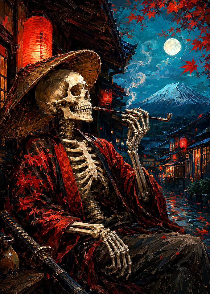 Skeleton Samurai Smoking Under Moonlight