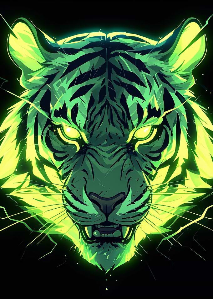 Neon Green Glowing Tiger Portrait