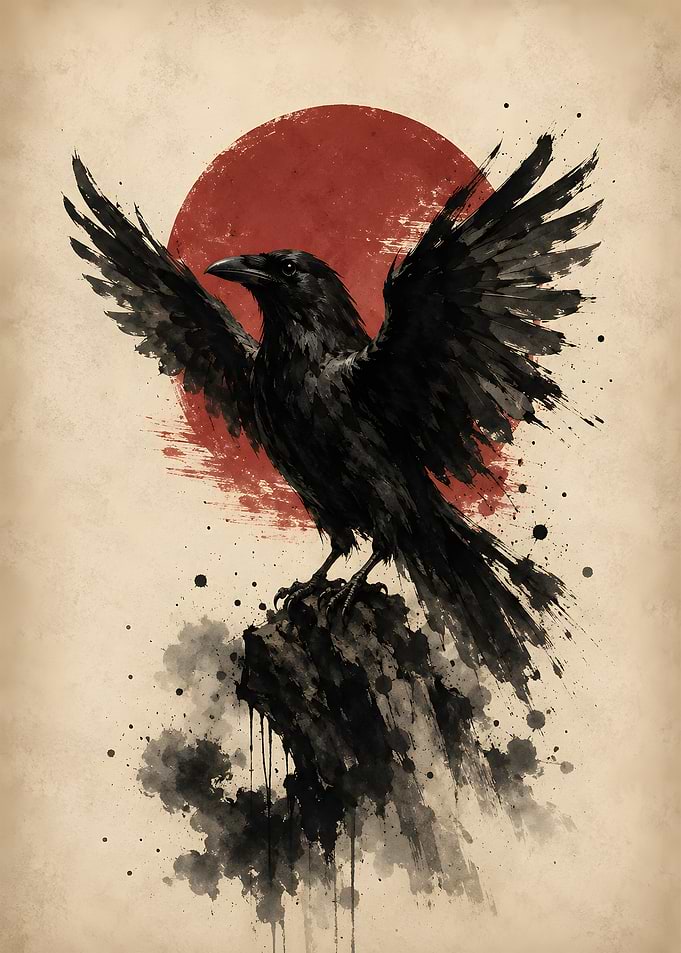 The Obsidian Crow Red Sun Ink Art