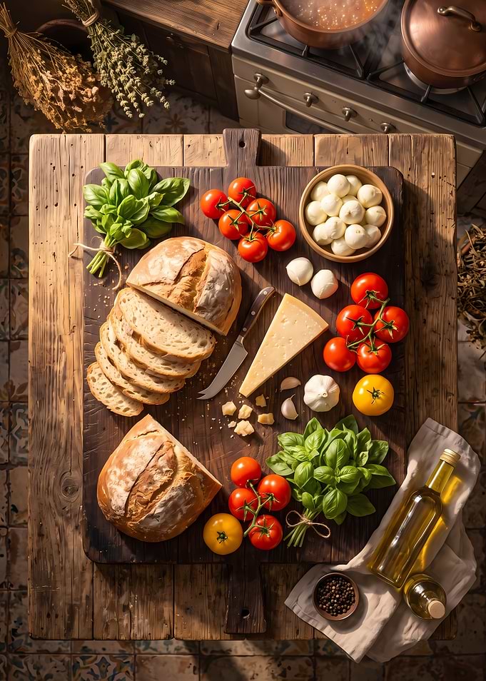 Rustic Italian Ingredients on Wooden Board
