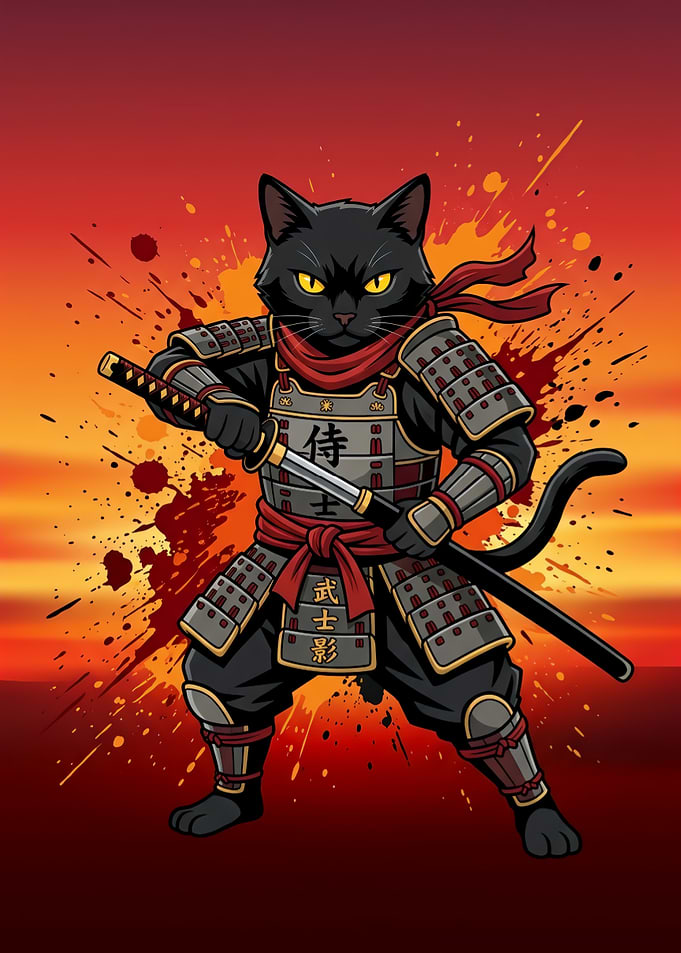 Black Cat Samurai Warrior Illustration