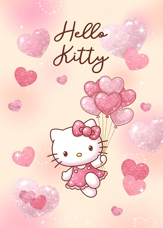 Hello Kitty with Glittery Heart Balloons