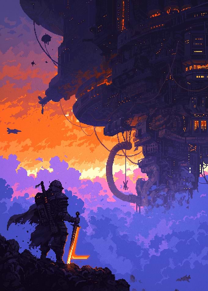 Pixel Art Samurai and Floating City