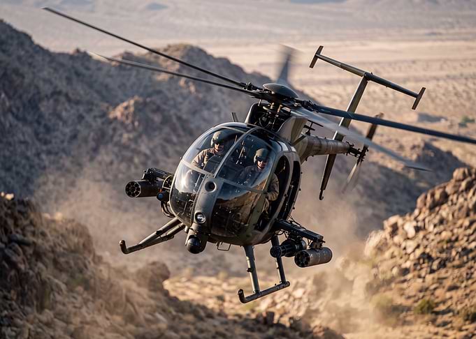 Military Helicopter Flying Over Desert Mountains