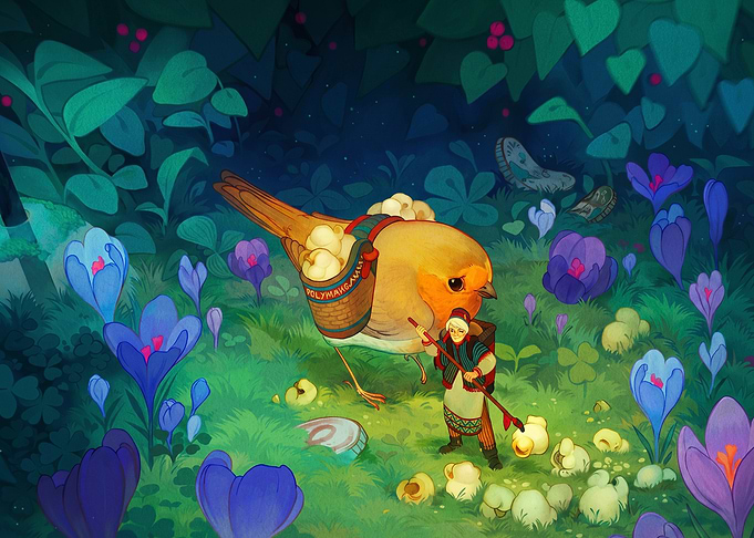Giant Robin and Traveler in Flowers