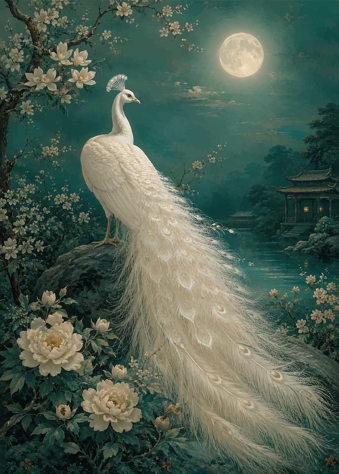 White Peacock in Moonlight Garden