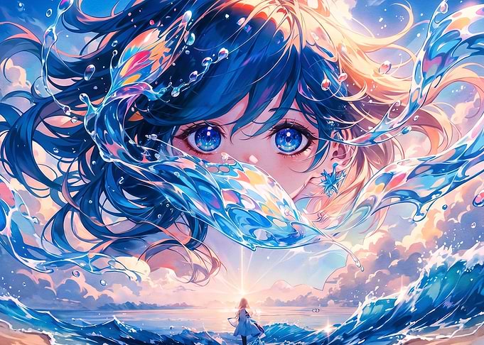Anime Girl with Ocean Waves