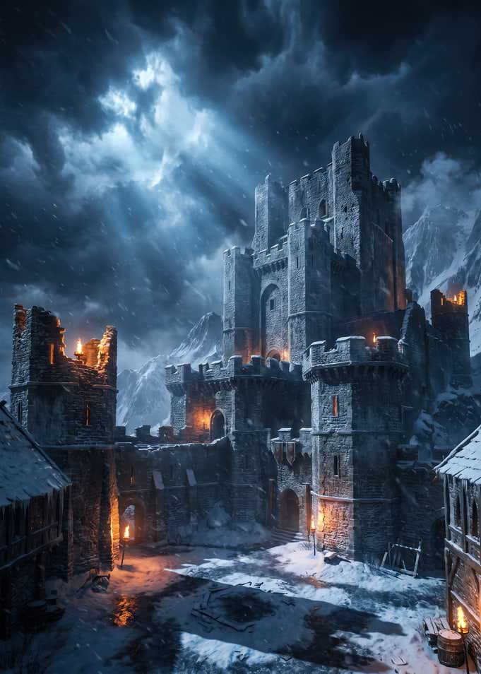 Snowy Medieval Castle at Night