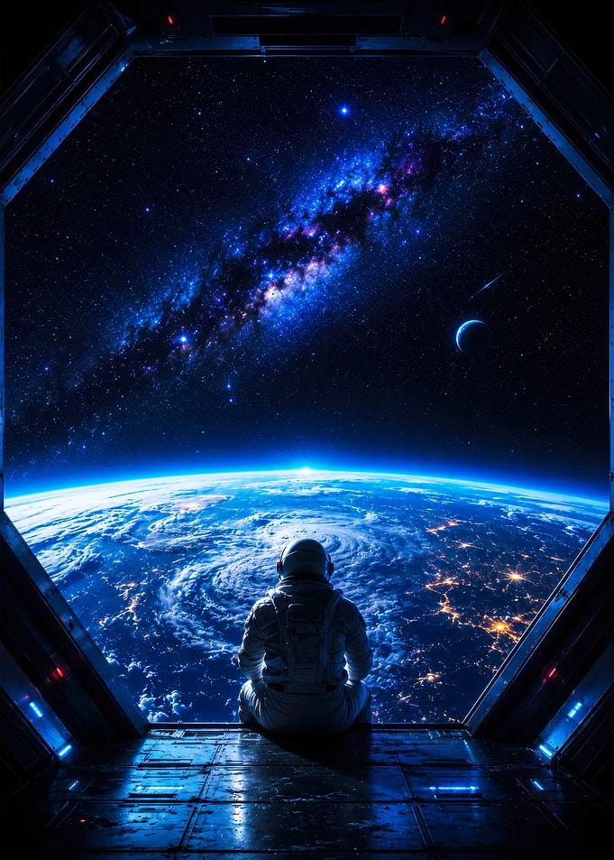 Astronaut Watching Earth from Space Station