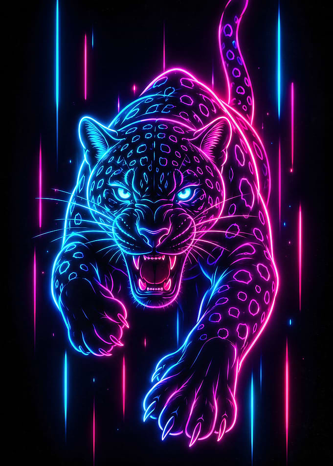 Neon Glowing Leopard Pouncing