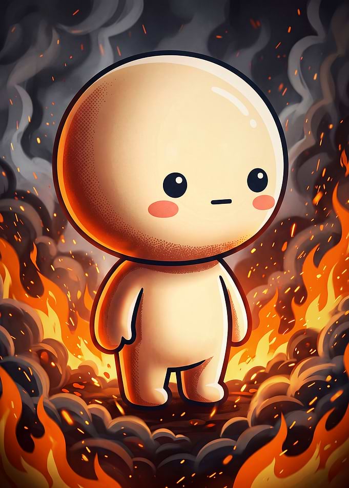 Cute Character Standing in Fire