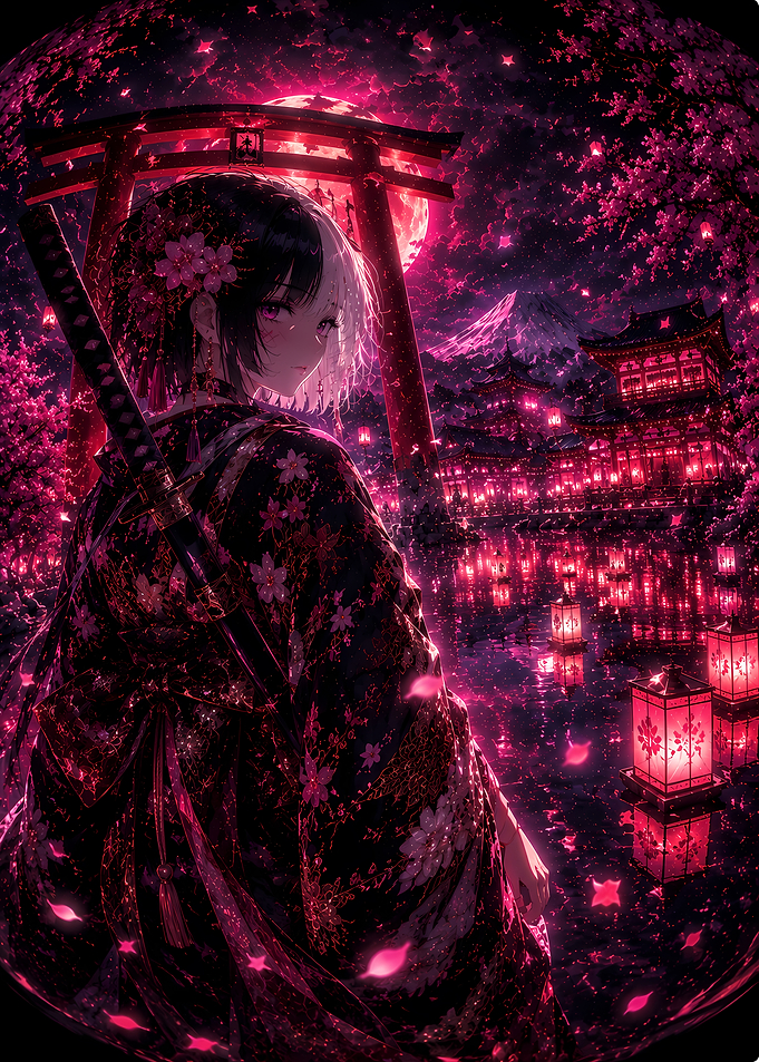 Anime Samurai Girl Under Red Moon