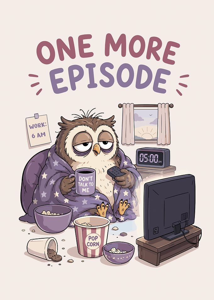 One More Episode – Funny Tired Owl Binge Watching TV Poster