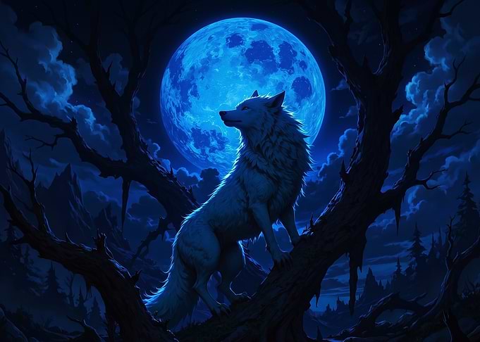 White Wolf Under Blue Moon