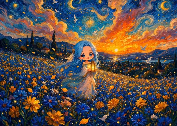 Chibi Girl in Starry Flower Field