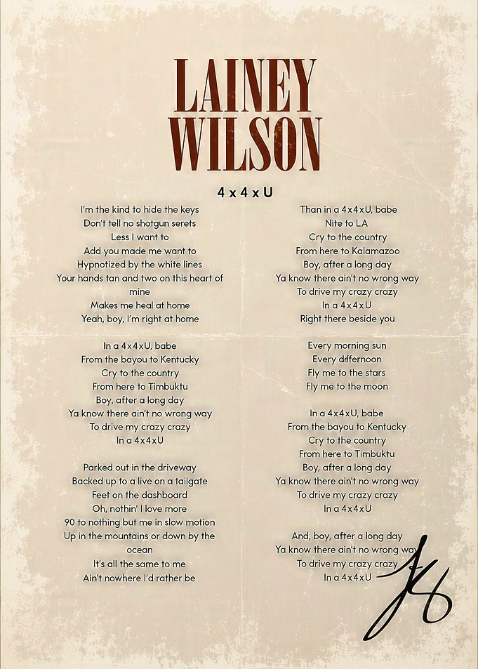 Lainey Wilson 4x4xU Lyrics Poster
