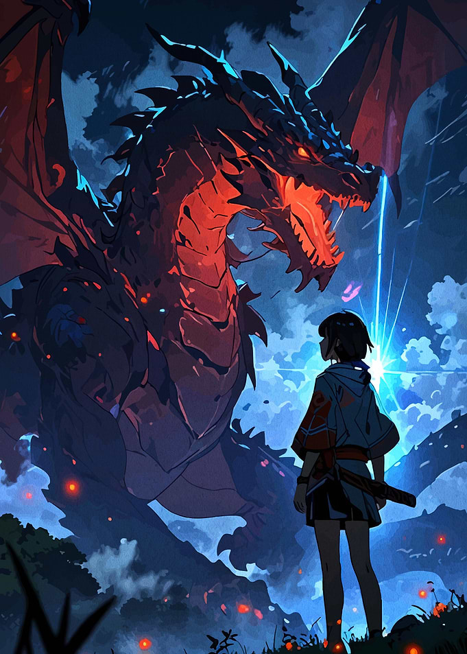 Girl Facing a Glowing Dragon
