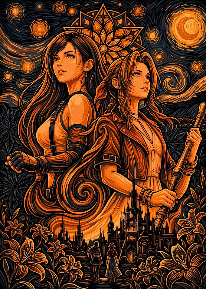 Tifa and Aerith Starry Night Illustration