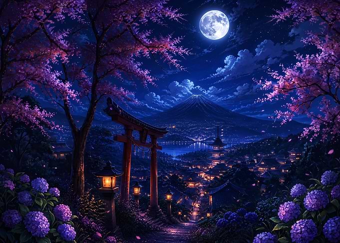 Moonlit Japanese Temple and Mount Fuji