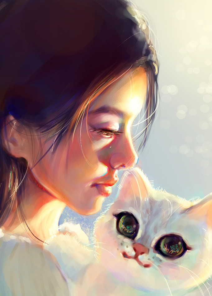 Girl and Her White Cat