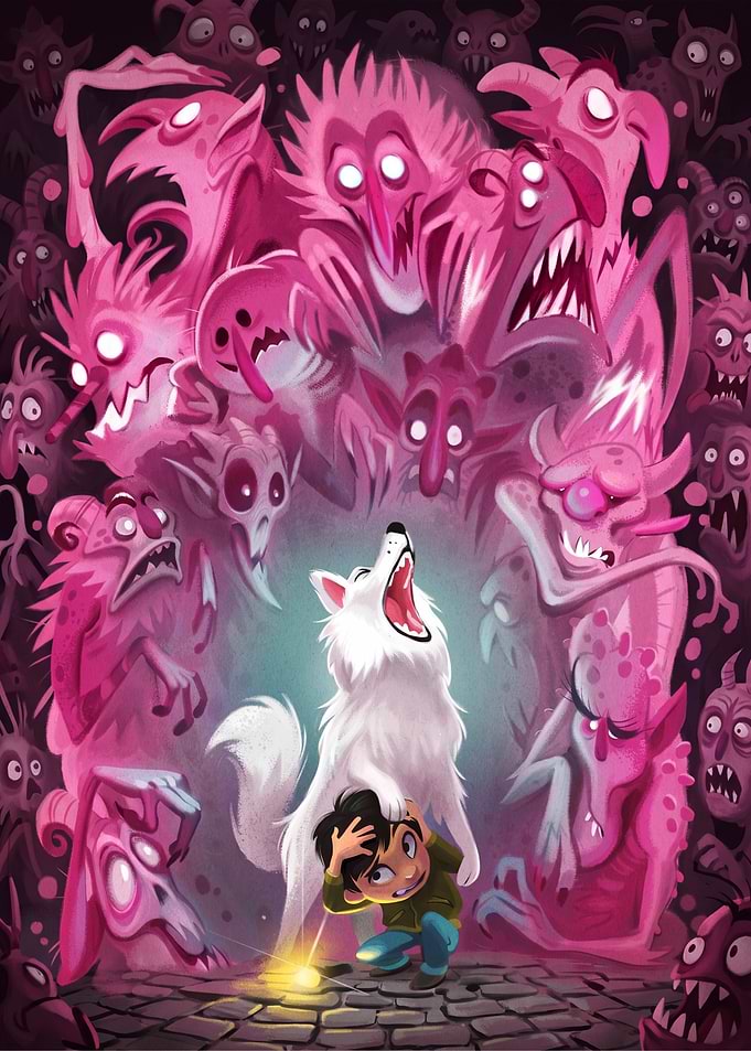 Boy and Wolf Facing Monsters