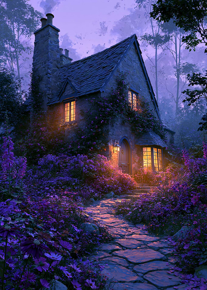 Enchanted Stone Cottage in Purple Garden