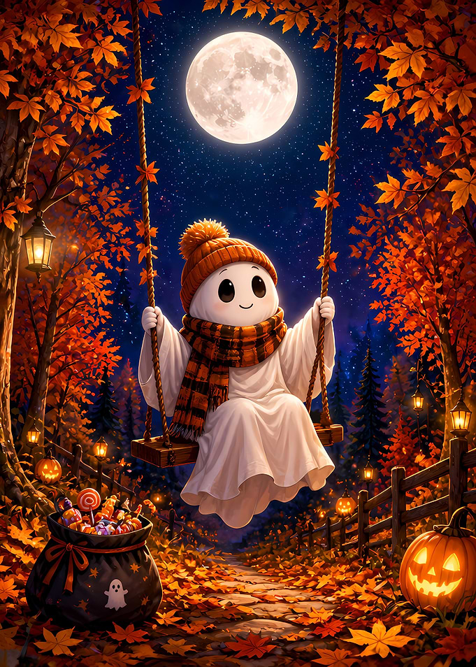 Cute Ghost on a Swing in Autumn Forest