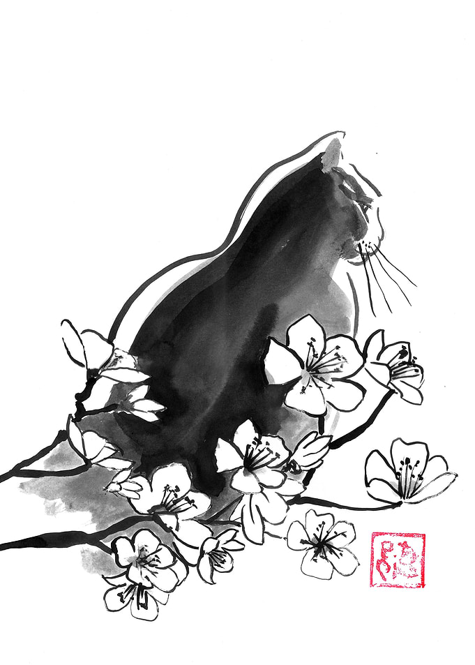 Sumi-e Style Cat with Cherry Blossoms