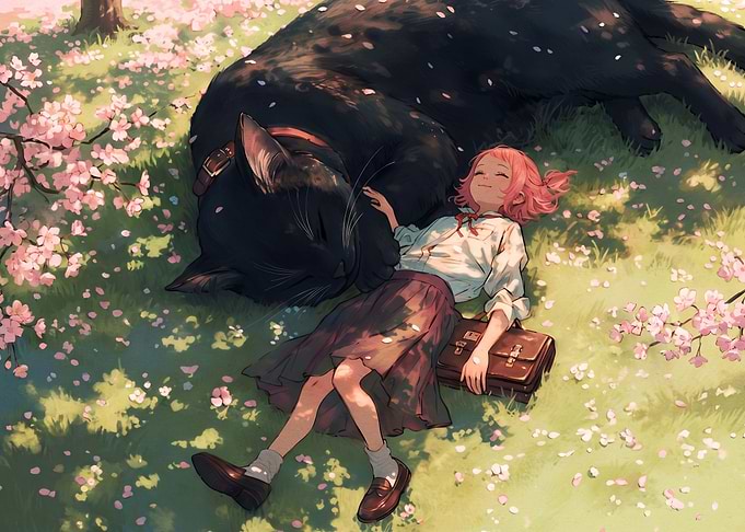 Girl Resting with Giant Black Cat