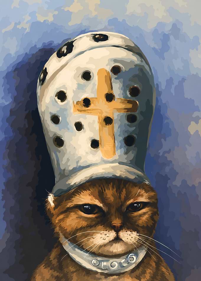 Cat Wearing Medieval Knight Helmet