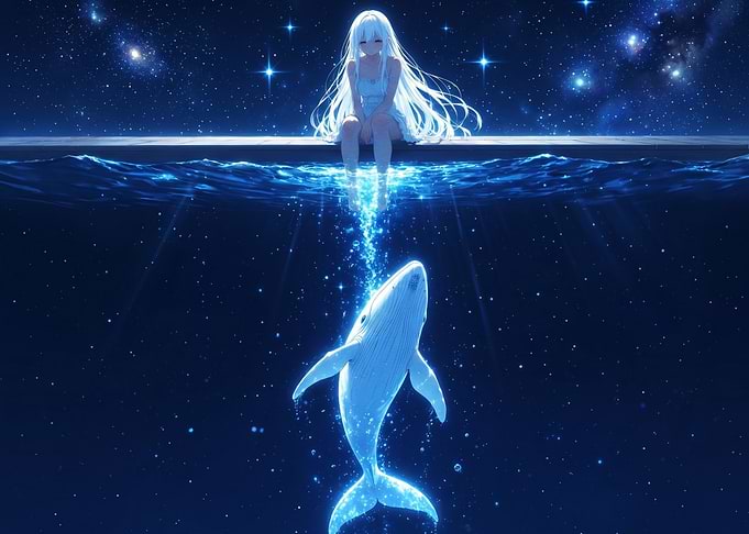 Anime Girl Sitting With Glowing Whale