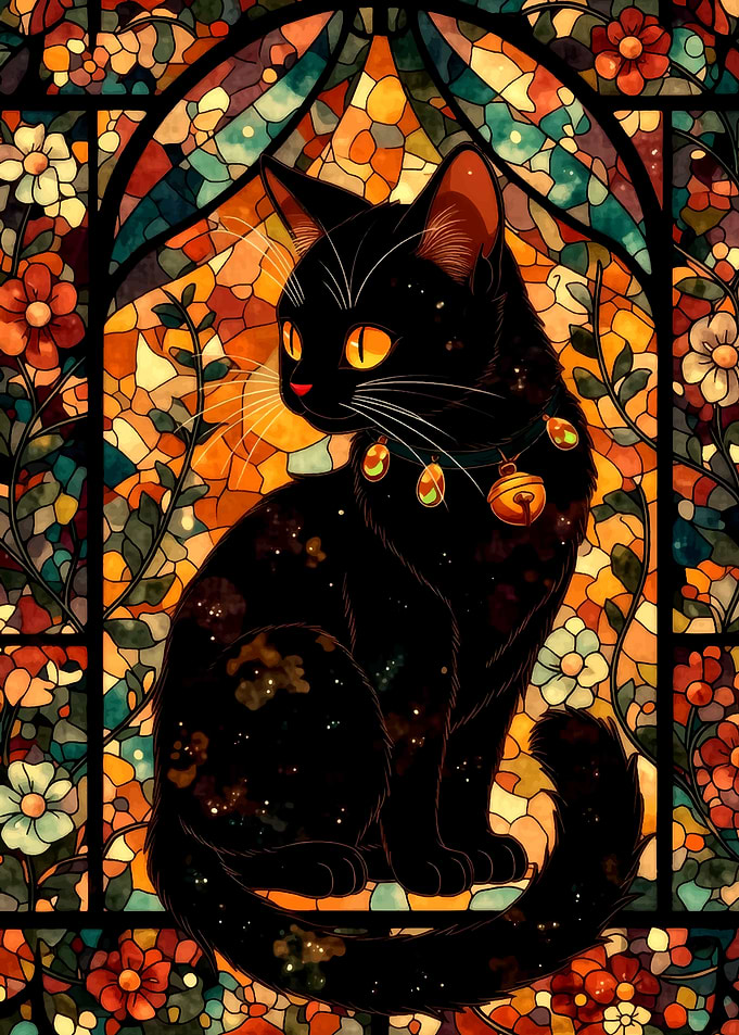 Stained Glass Black Cat Portrait