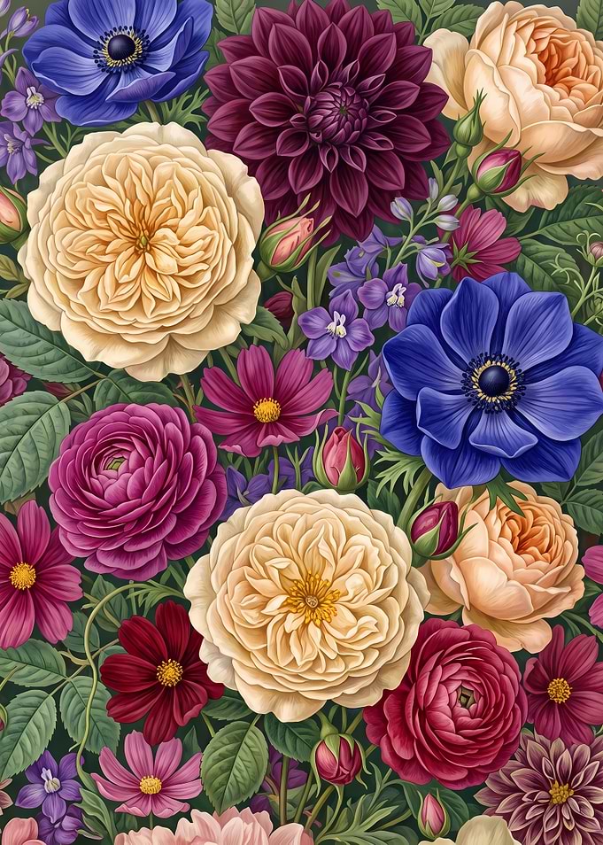 Vibrant Floral Garden Botanical Illustration