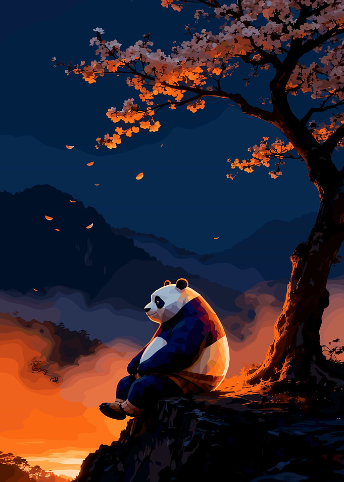 Panda Sitting Under Cherry Blossom Tree