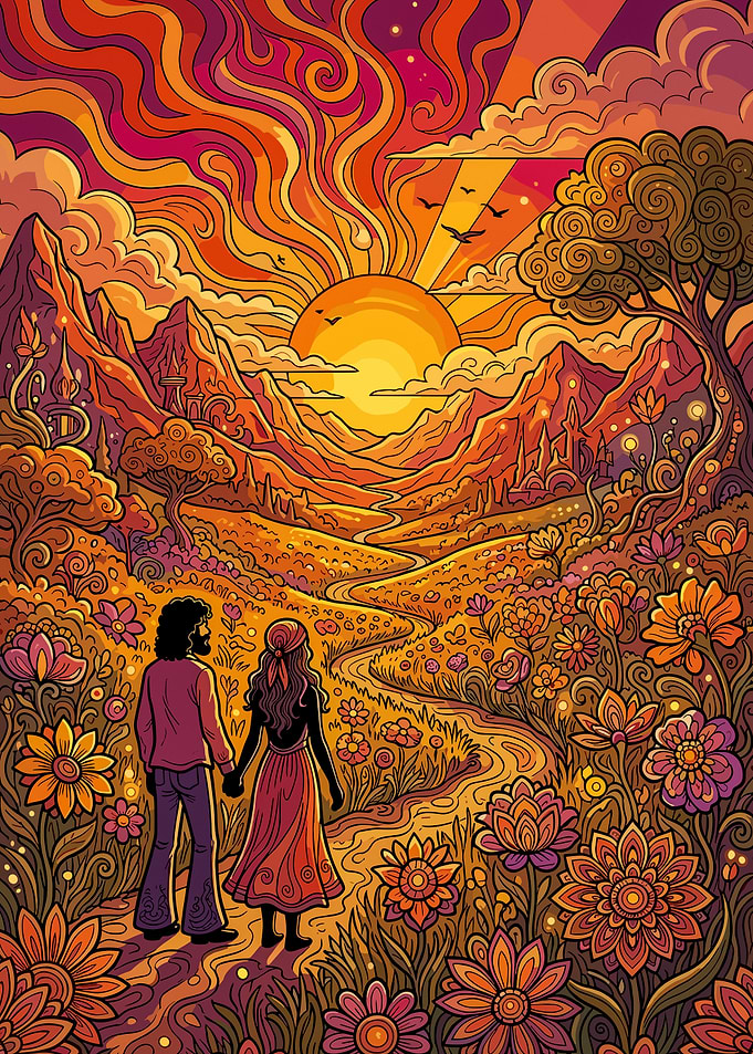 Hippie Couple Walking Through Psychedelic Meadow
