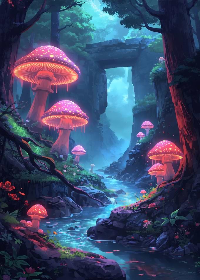 Glowing Mushroom Forest Stream