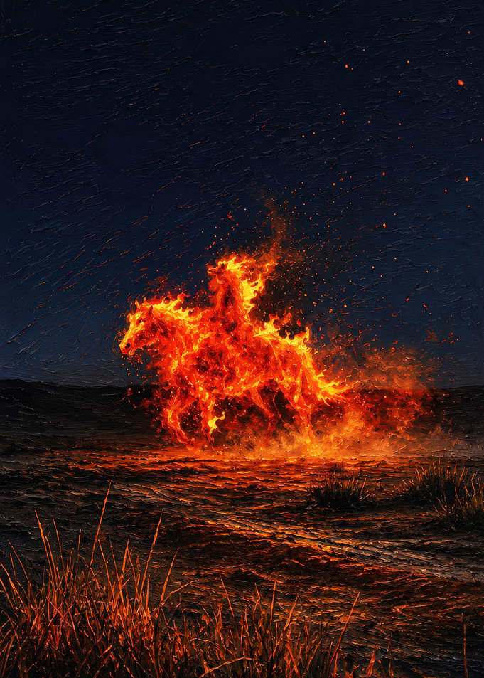 Fiery Horseman Galloping at Night