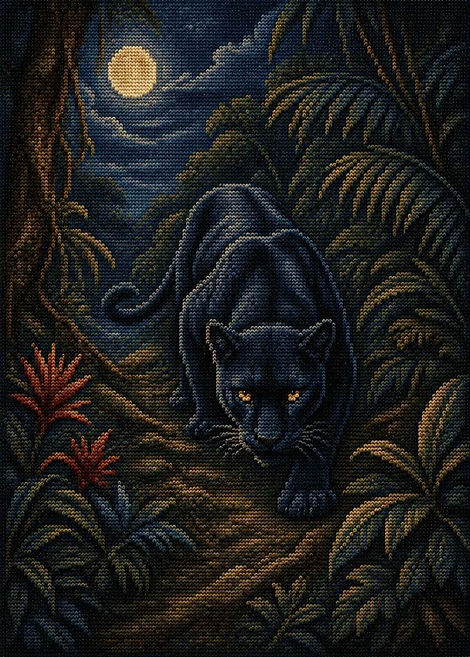Cross-Stitch Black Panther in Moonlight Jungle