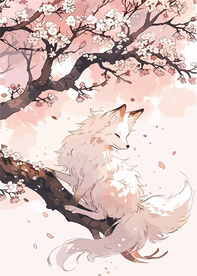 Fox Resting in Cherry Blossom Tree