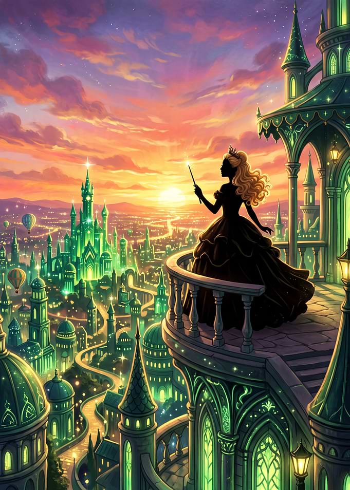 Princess Overlooking Emerald City at Sunset