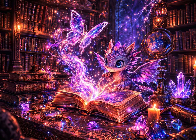 Baby Dragon Reading Magical Book