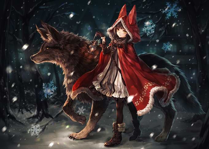 Anime Girl with Wolf in Snow