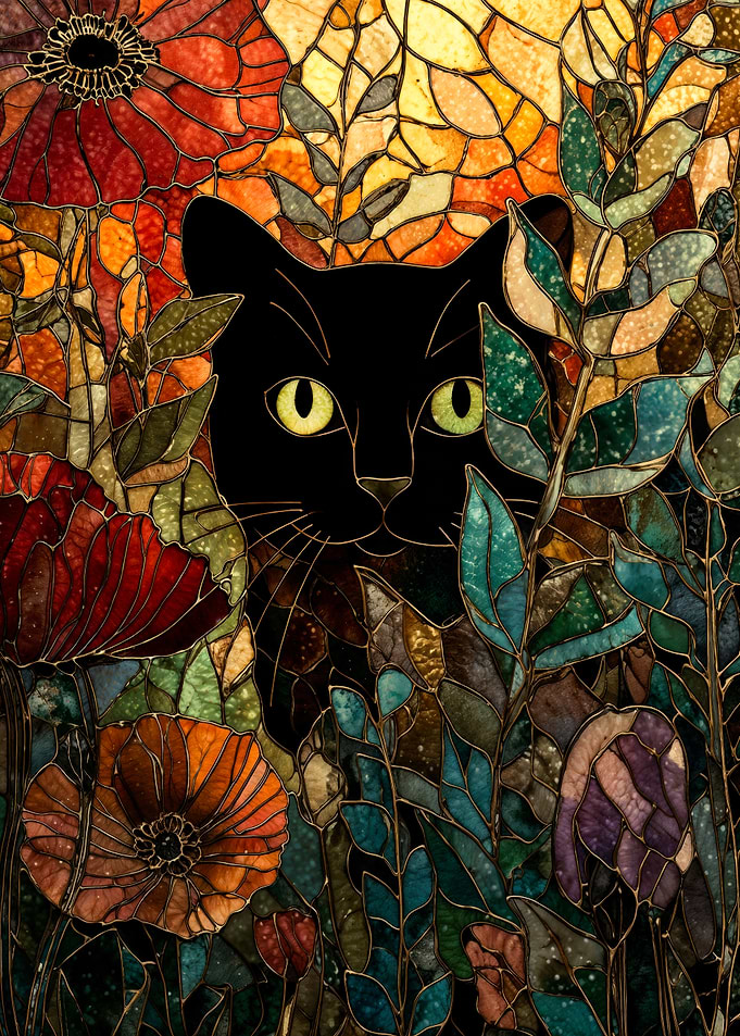 Stained glass black cat in floral garden