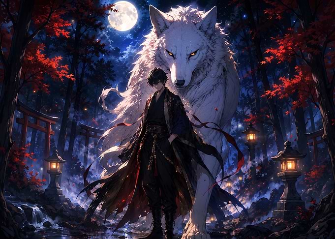 Anime Boy with Giant White Wolf